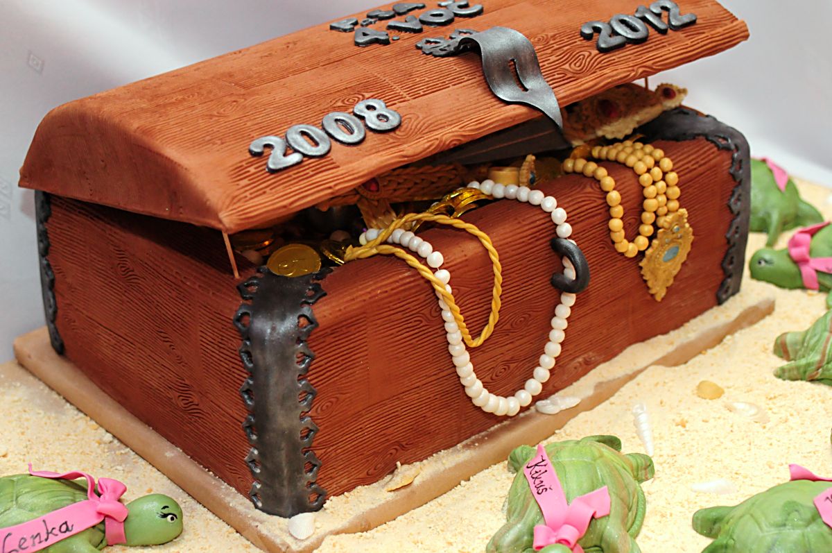 Torta na stužkovú - truhlica s pokladom a korytnačky_4